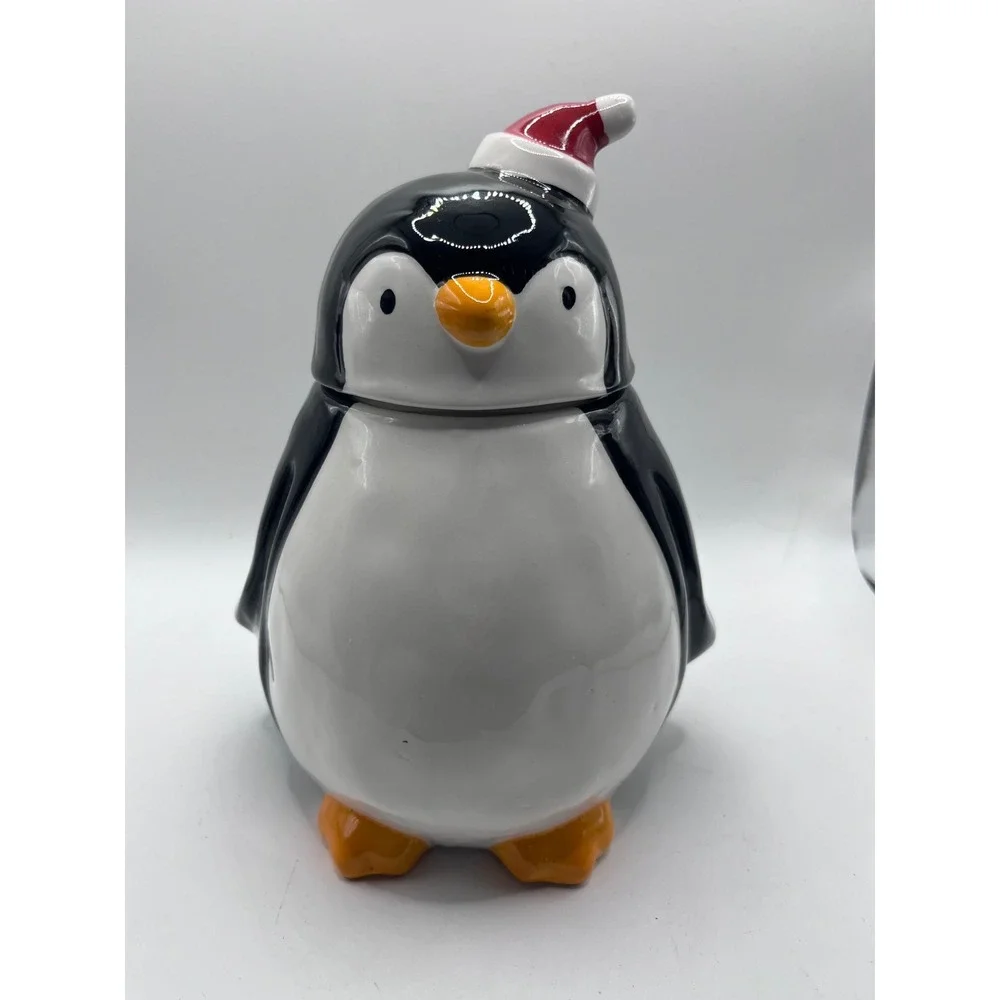 Magenta Home Penguin Cookie Jar Santa Hat Holiday Ceramic Canister 9in x 5in